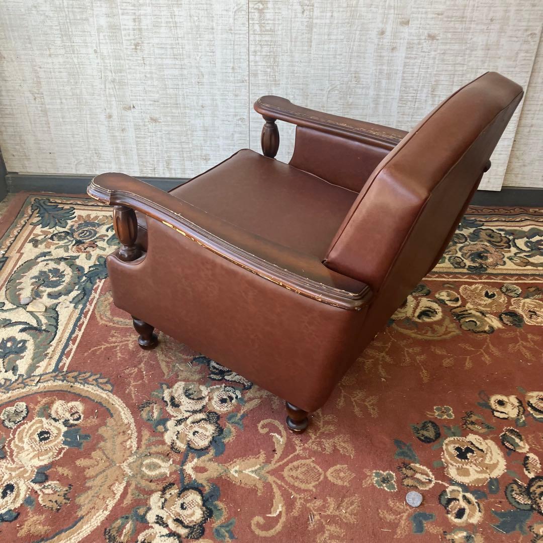 昭和レトロ オールドカリモク 古家具 一人掛けレザーソファー アームチェア 装飾