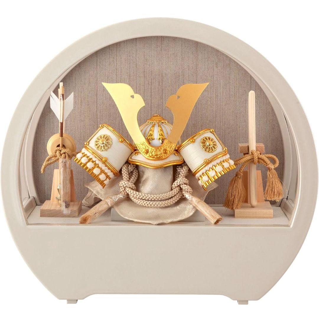 五月人形 兜 ケース 飾り ラウンド アクリル ケース 木目バック アイボリー