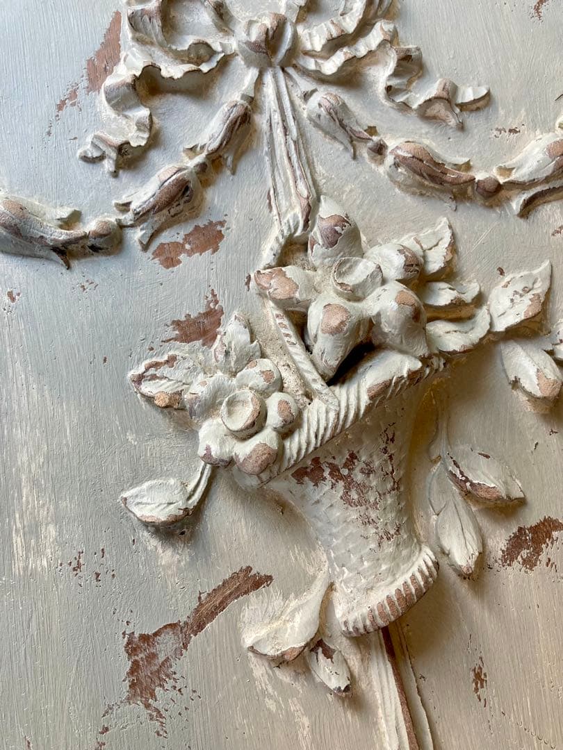 フランス アンティーク 花かご リボン 木製プレート家具装飾 フレンチグレー