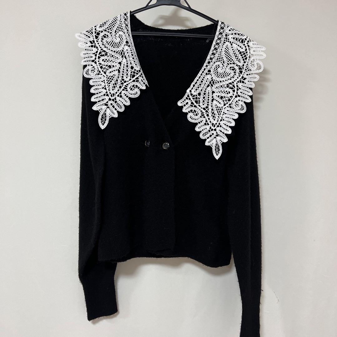 Acka lace collar knit cardigan ブラック