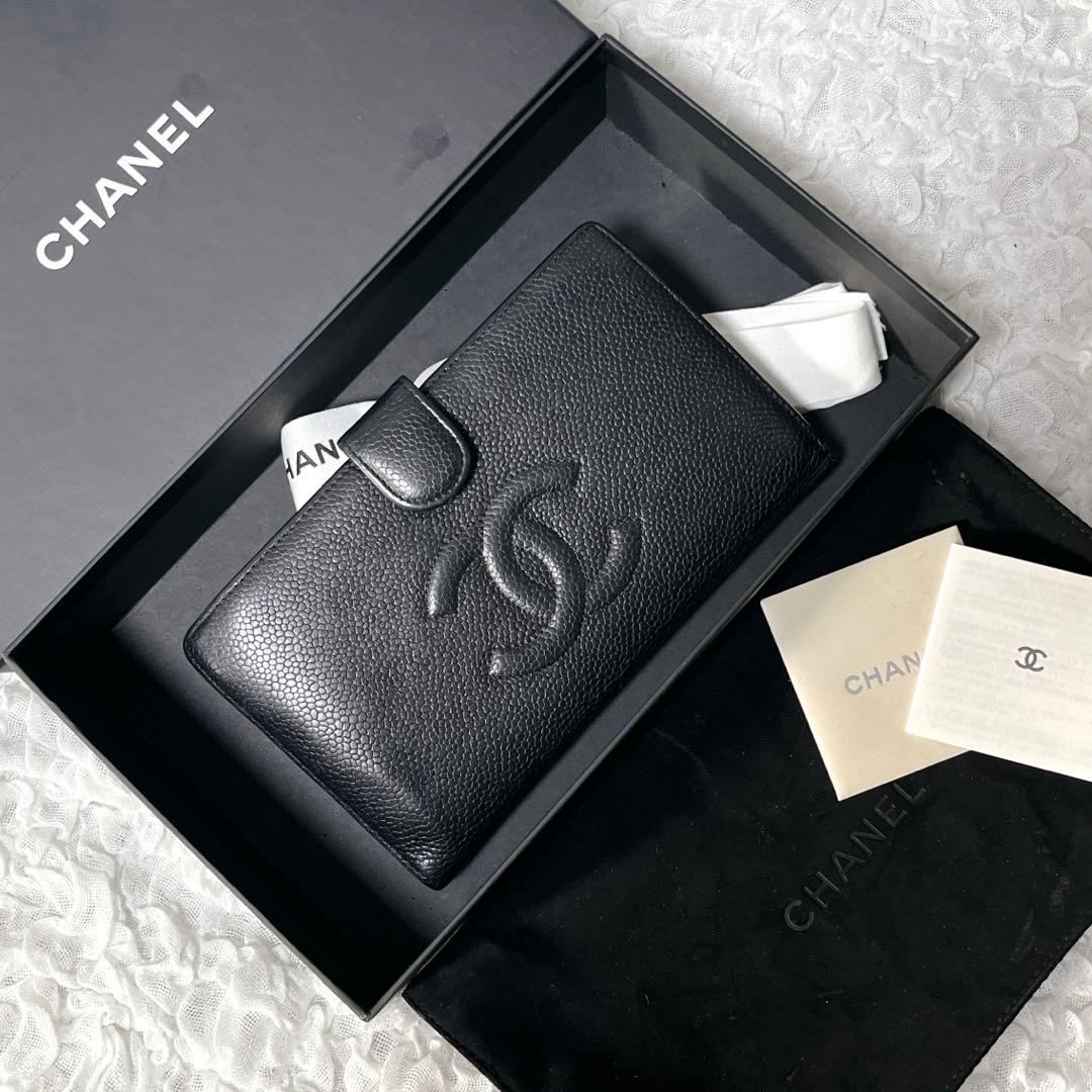 箱付✨CHANEL ブラックレザー 長財布　がま口　キャビアスキン