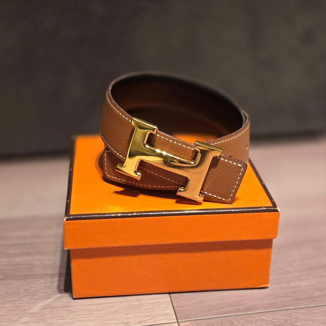 H リバーシブル ブラウン&ブラックレザー ベルト ゴールド金具