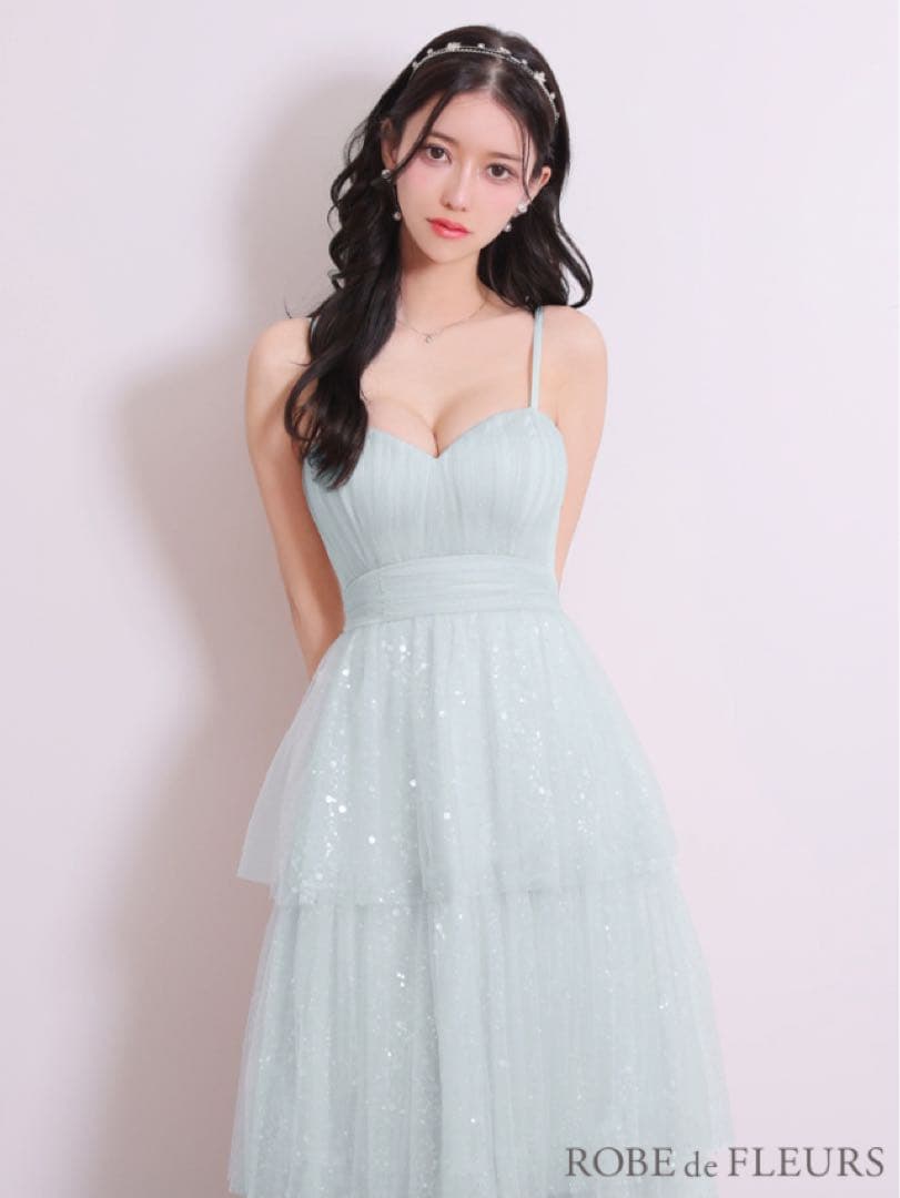 バレエコアフリルラメチュールシンプルミディキャミキャバドレス