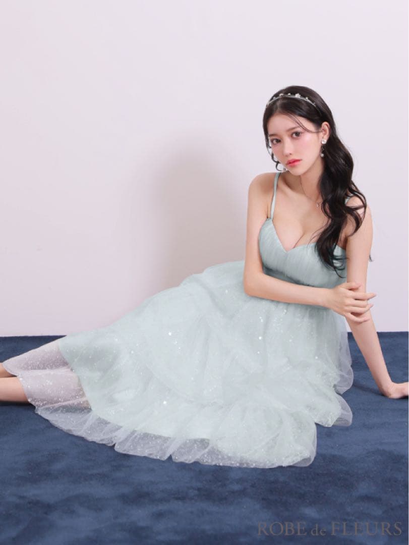 バレエコアフリルラメチュールシンプルミディキャミキャバドレス