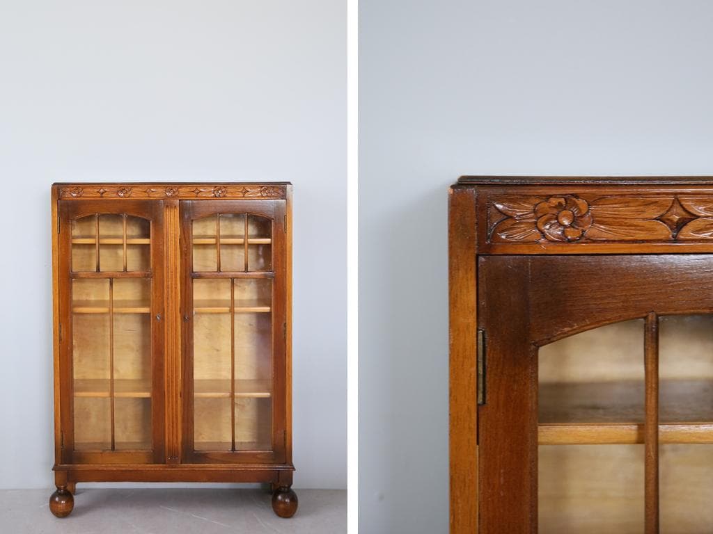 英国アンティーク木製ディスプレイキャビネット/本棚ガラス/飾り棚(89-235)