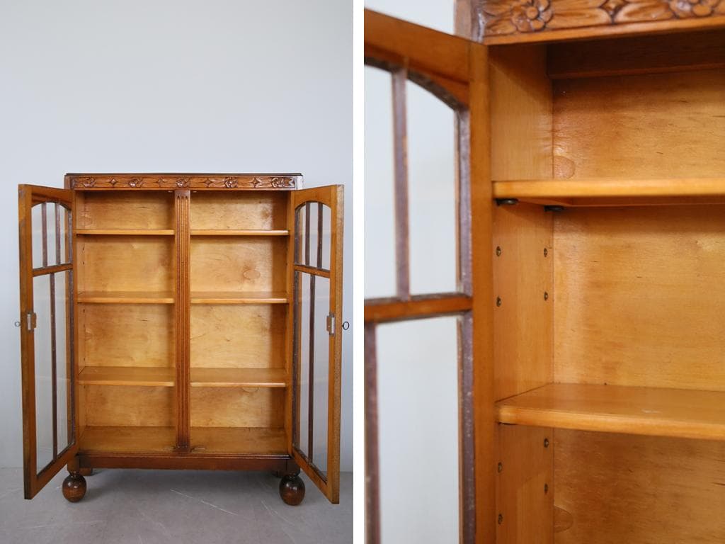 英国アンティーク木製ディスプレイキャビネット/本棚ガラス/飾り棚(89-235)