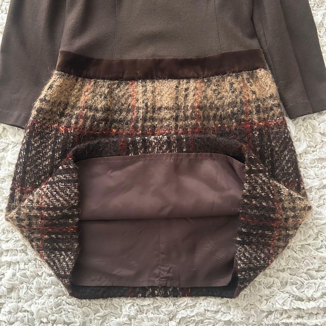 エムズグレイシー ドッキングワンピース L チェック柄 ベロア ブラウン 茶色