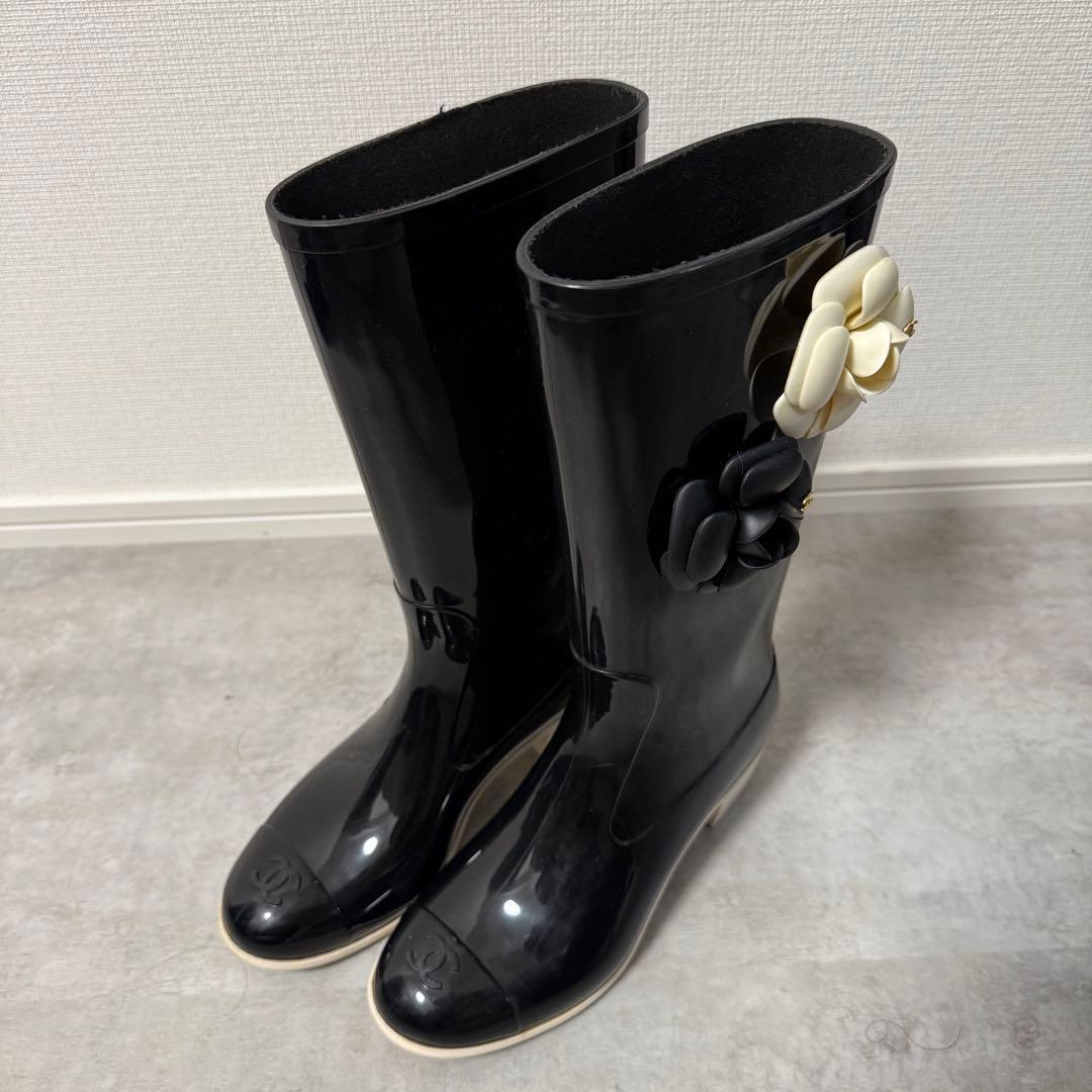 シャネル レインブーツ カメリア 35 23cm ブラック ココマーク