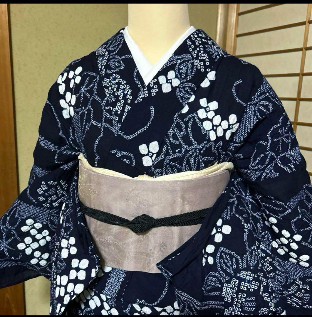 有松鳴海絞りフルセット4点　美品最高級浴衣+夏帯+夏帯締め+夏帯揚げ　ゆったり