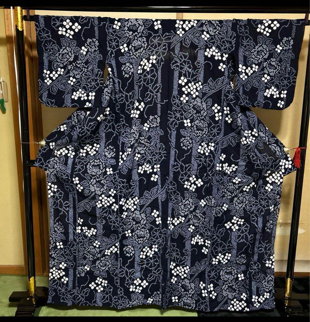 有松鳴海絞りフルセット4点　美品最高級浴衣+夏帯+夏帯締め+夏帯揚げ　ゆったり