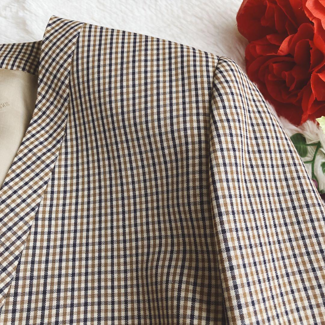 アクアスキュータム★クラブチェック総柄 ノーカラースカートスーツ ロングスカート