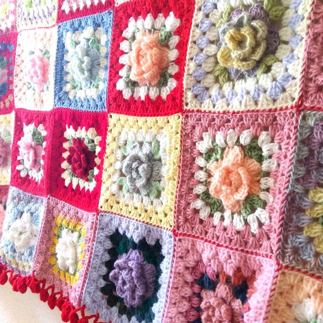 ブランケット ベットカバーカラフルなお花のグラニースクエア