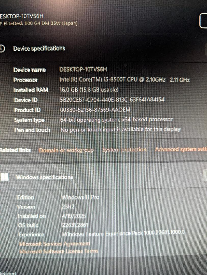 ミニPC HP Elitedesk 800 G4 DM i5-8500T 16gb
