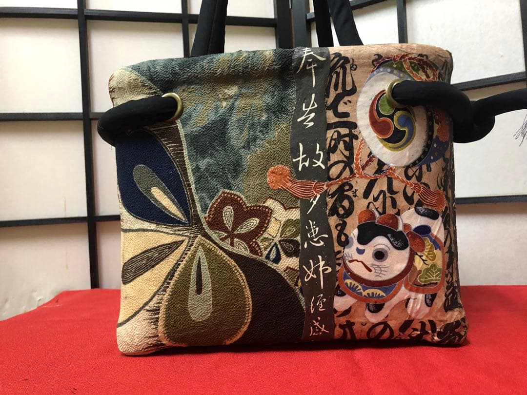 一閑張り　一閑張りバック　 正絹大正縮緬　犬張子　狛犬