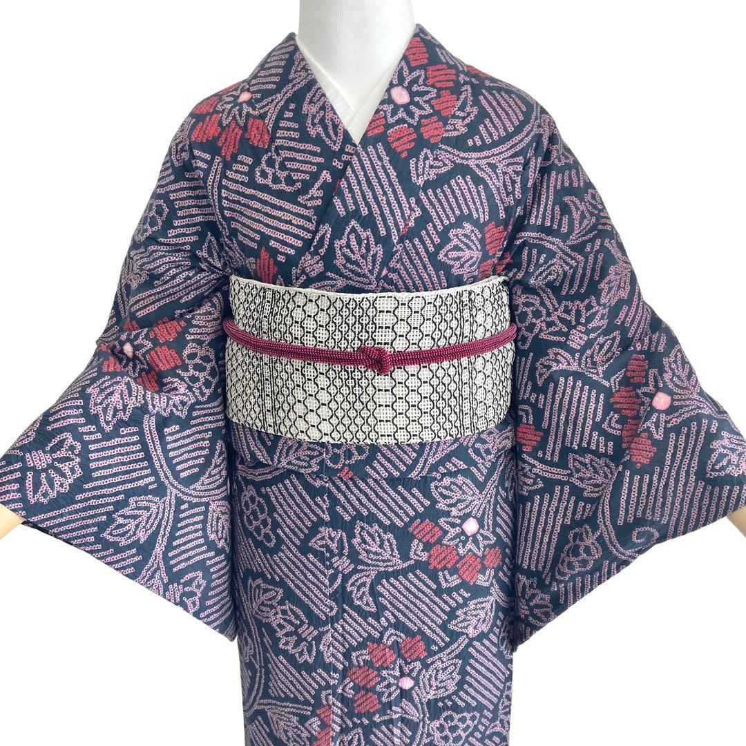 ★みっこ ★™️91/33 身丈160 濃グレー ピンク 有松絞り 絞り浴衣