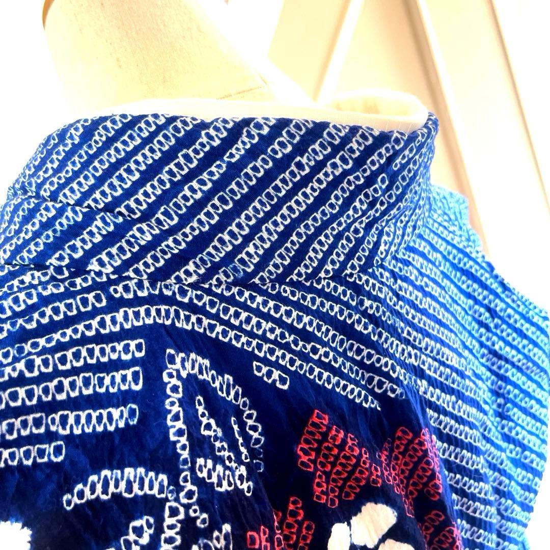有松鳴海絞り 夏着物浴衣 手縫い仕立て 花繋ぎ 青 ブルー 美品