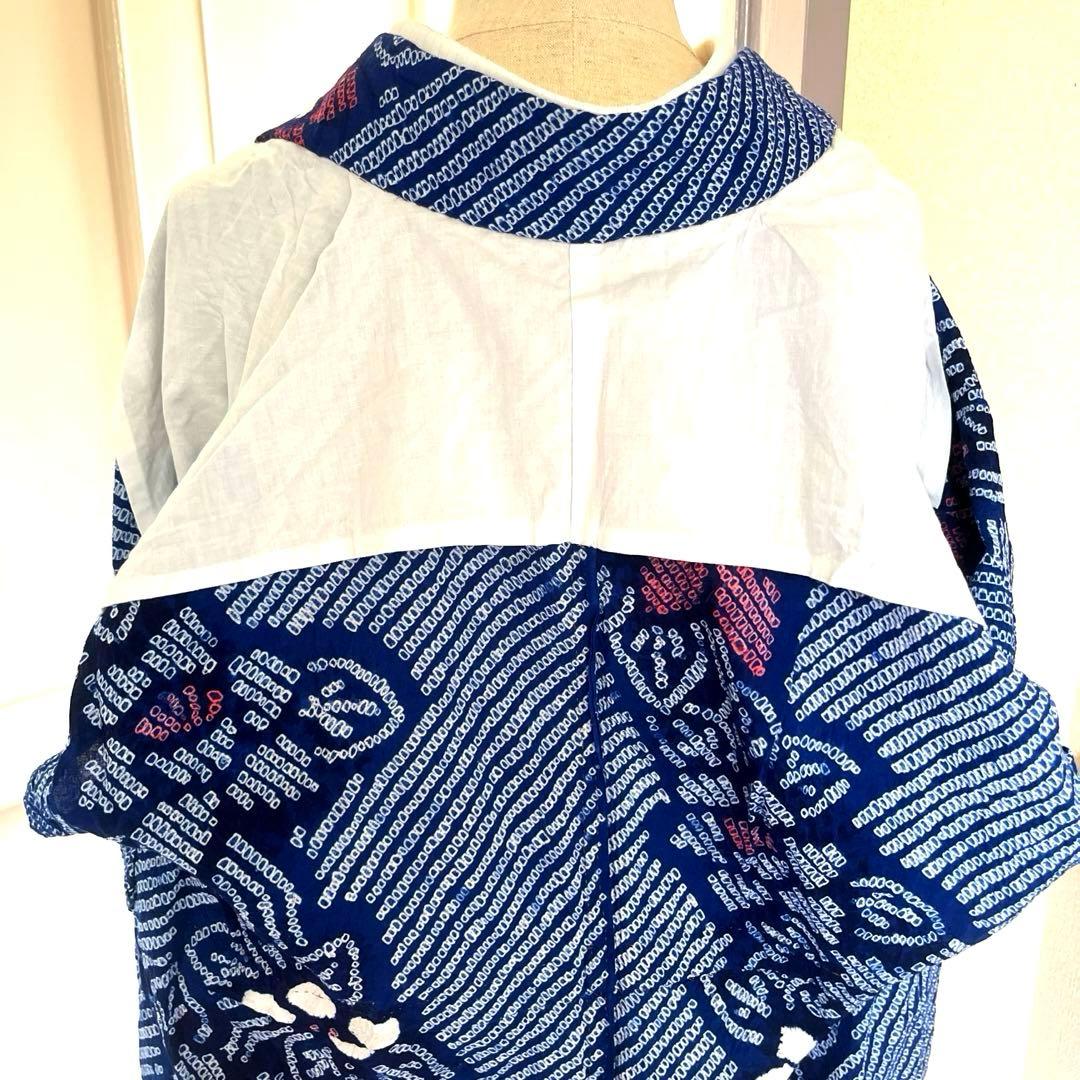 有松鳴海絞り 夏着物浴衣 手縫い仕立て 花繋ぎ 青 ブルー 美品