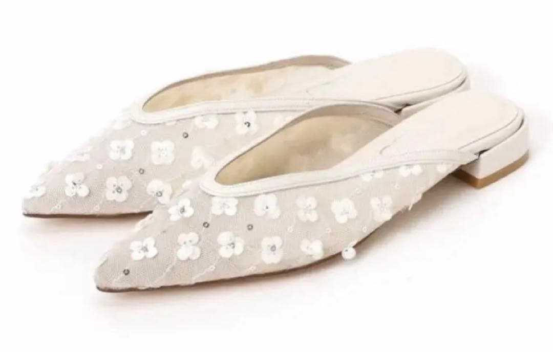 ポインテッドフラワースパンコールミュール ホワイト LL