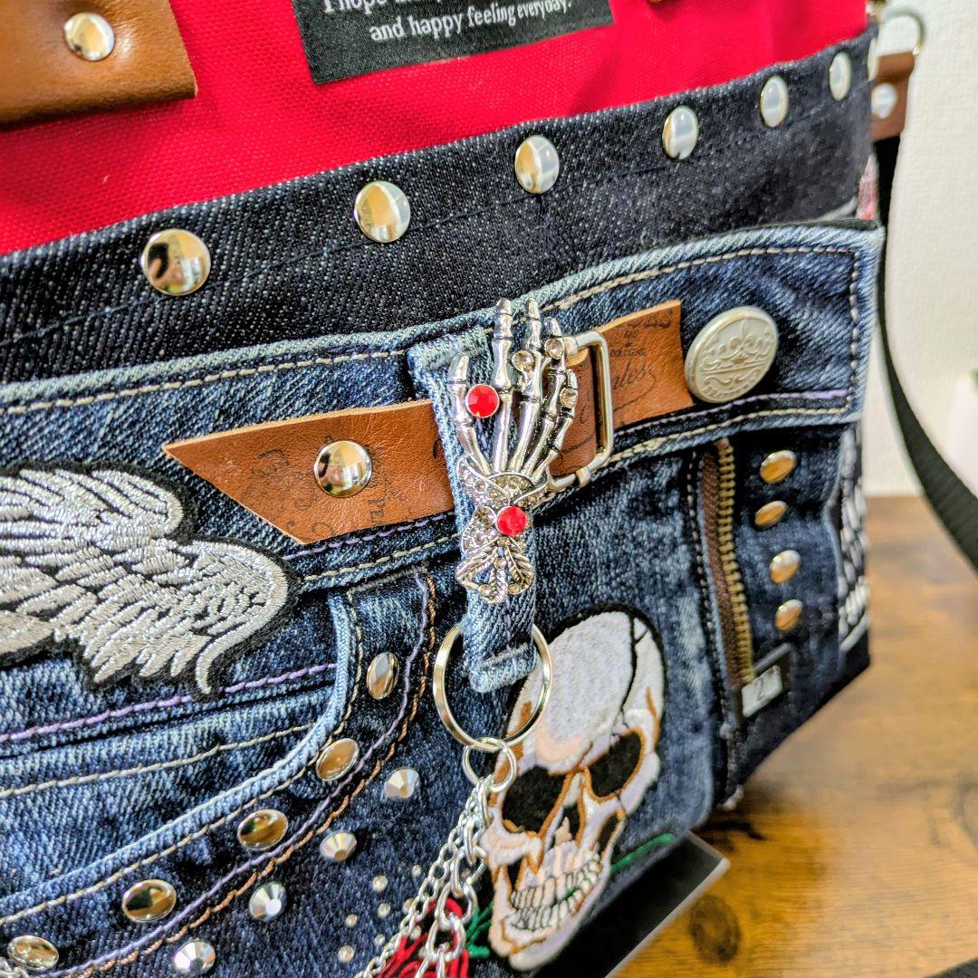 デニムリメイク 2wayトート｜スカル×薔薇刺繍・ポケットたくさん・底鋲付き