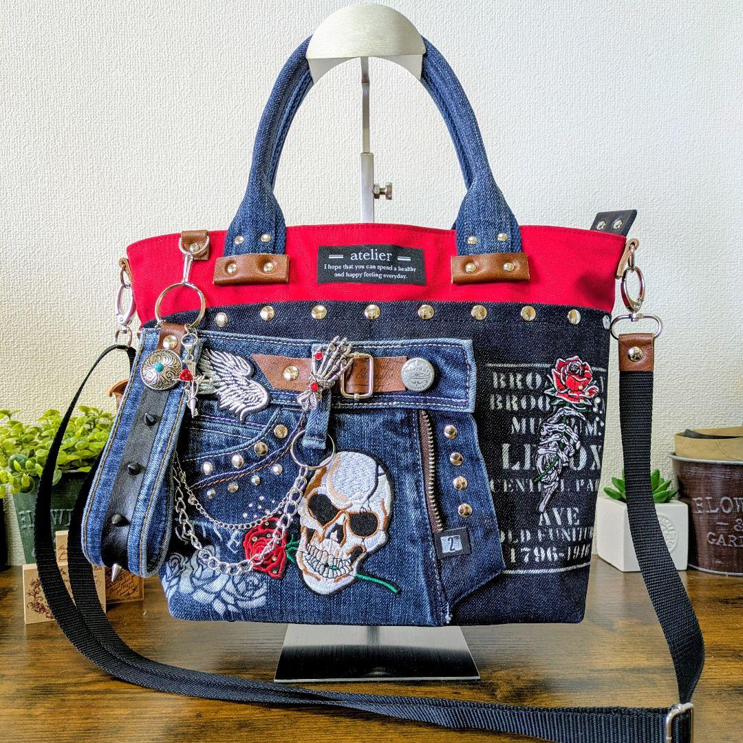 デニムリメイク 2wayトート｜スカル×薔薇刺繍・ポケットたくさん・底鋲付き