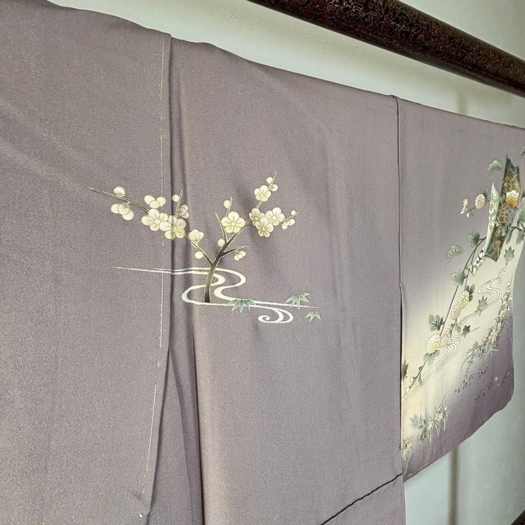 しつけ付　訪問着　広襟　正絹　袷　着物　現代　藤色　紫　薄紫　金彩　158裄64