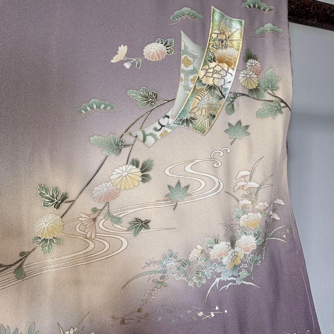 しつけ付　訪問着　広襟　正絹　袷　着物　現代　藤色　紫　薄紫　金彩　158裄64