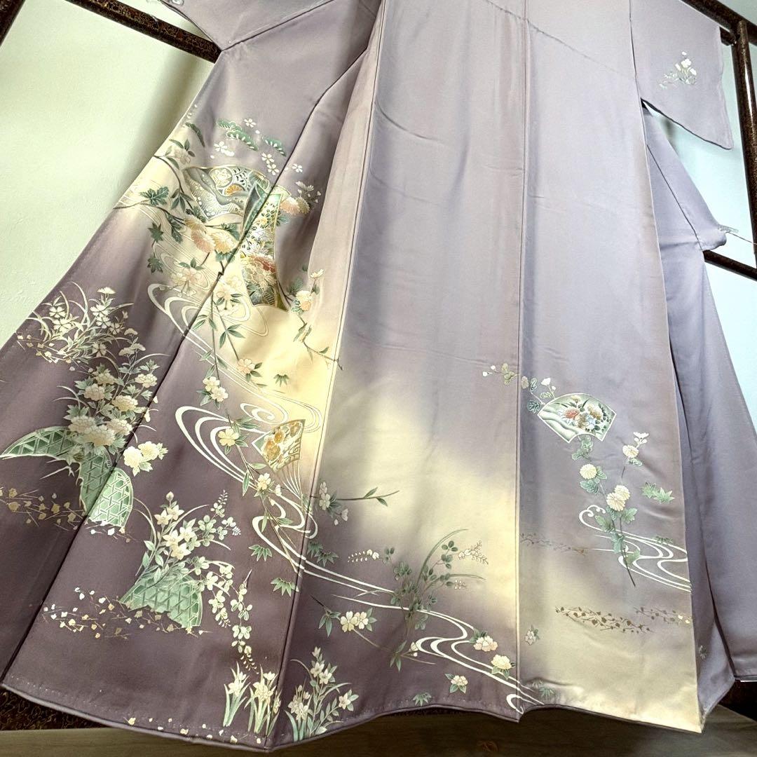 しつけ付　訪問着　広襟　正絹　袷　着物　現代　藤色　紫　薄紫　金彩　158裄64