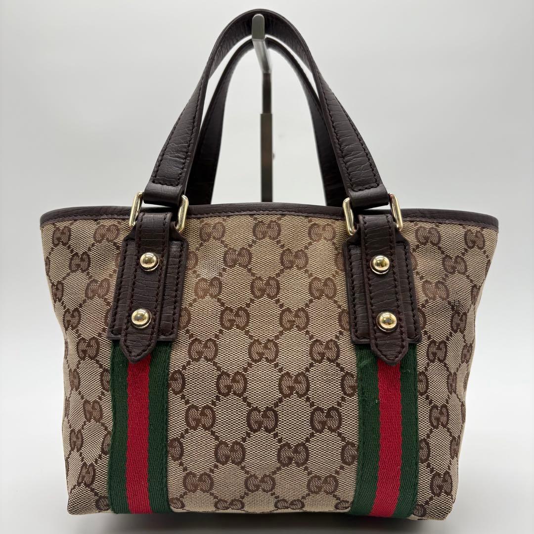 美品✨グッチ ハンドバッグ ミニトート GG柄 シェリーライン ダークブラウン