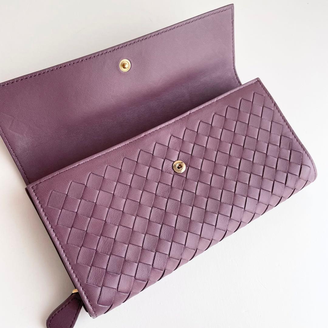 ボッテガヴェネタ 長財布 イントレチャート レザー くすみパープル ほぼ新品