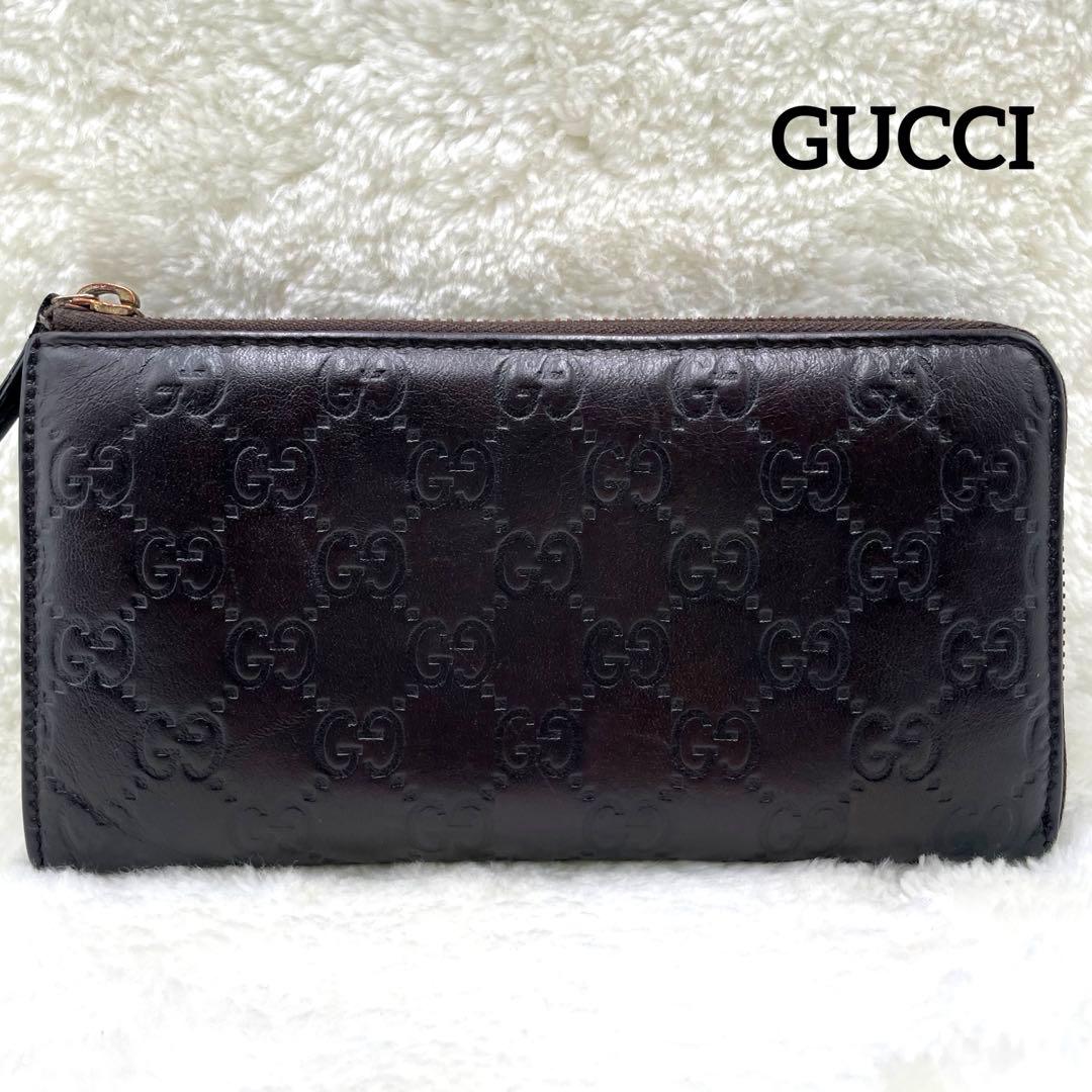美品　グッチ GUCCI 長財布　L字ファスナー　シマ　ダークブラウン GG