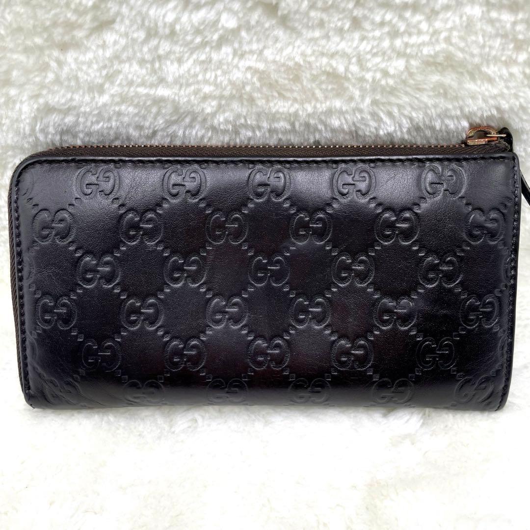 美品　グッチ GUCCI 長財布　L字ファスナー　シマ　ダークブラウン GG
