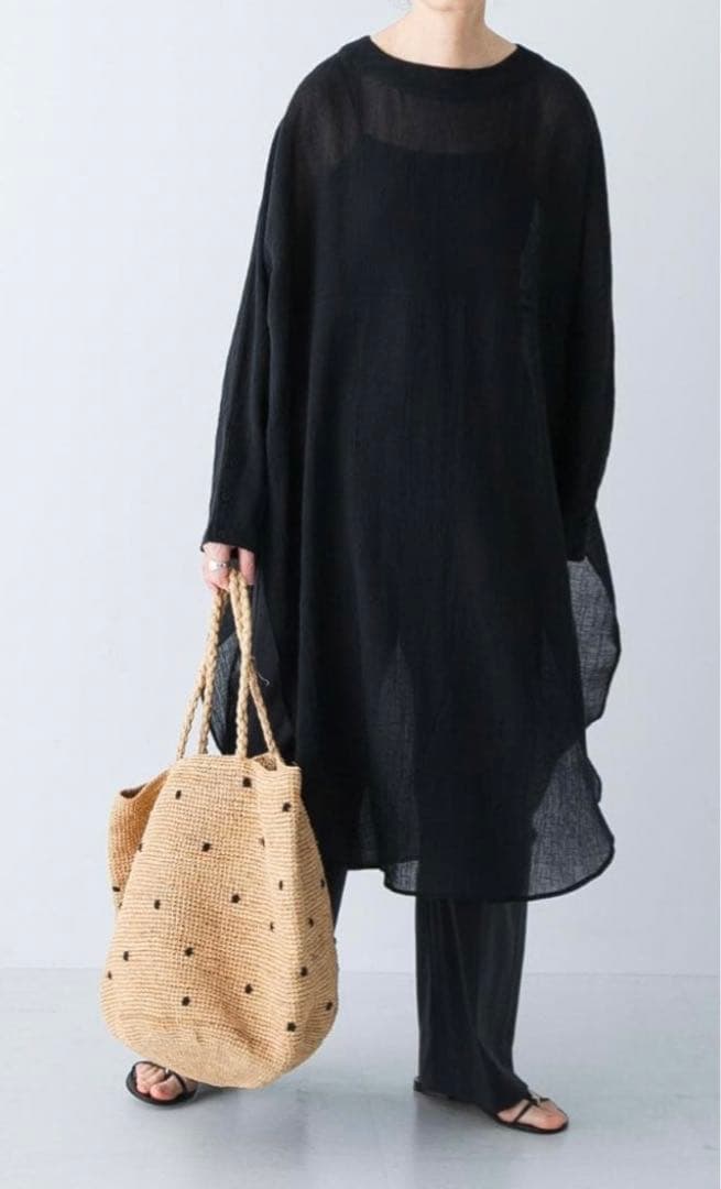 【極美品】かぐれ ガーゼロングチュニック フリー ブラック 2025年モデル