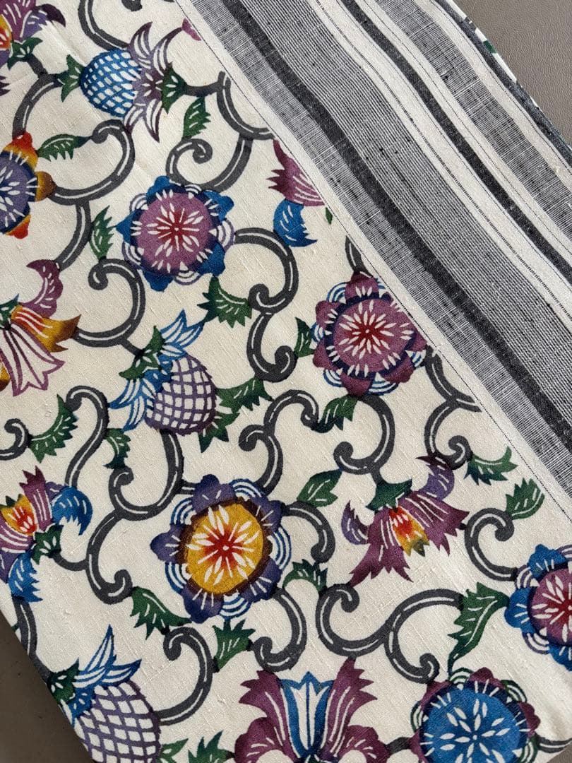 【期間限定出品】型染×縦縞絣 真綿紬 正絹 九寸名古屋帯 アイボリー