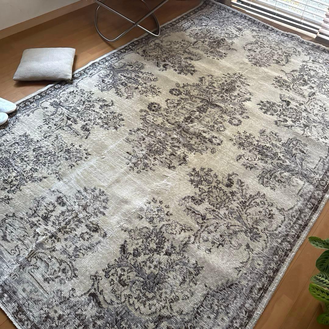 超大判173×272 クリーム×ブルーグレイ×ブラウン　トルコヴィンテージラグ