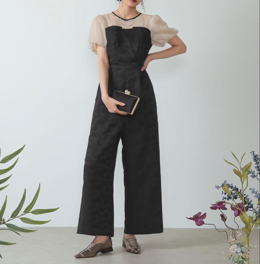 美品✨kana チュール パフスリーブ ワイドパンツオールインワン ブラック　S