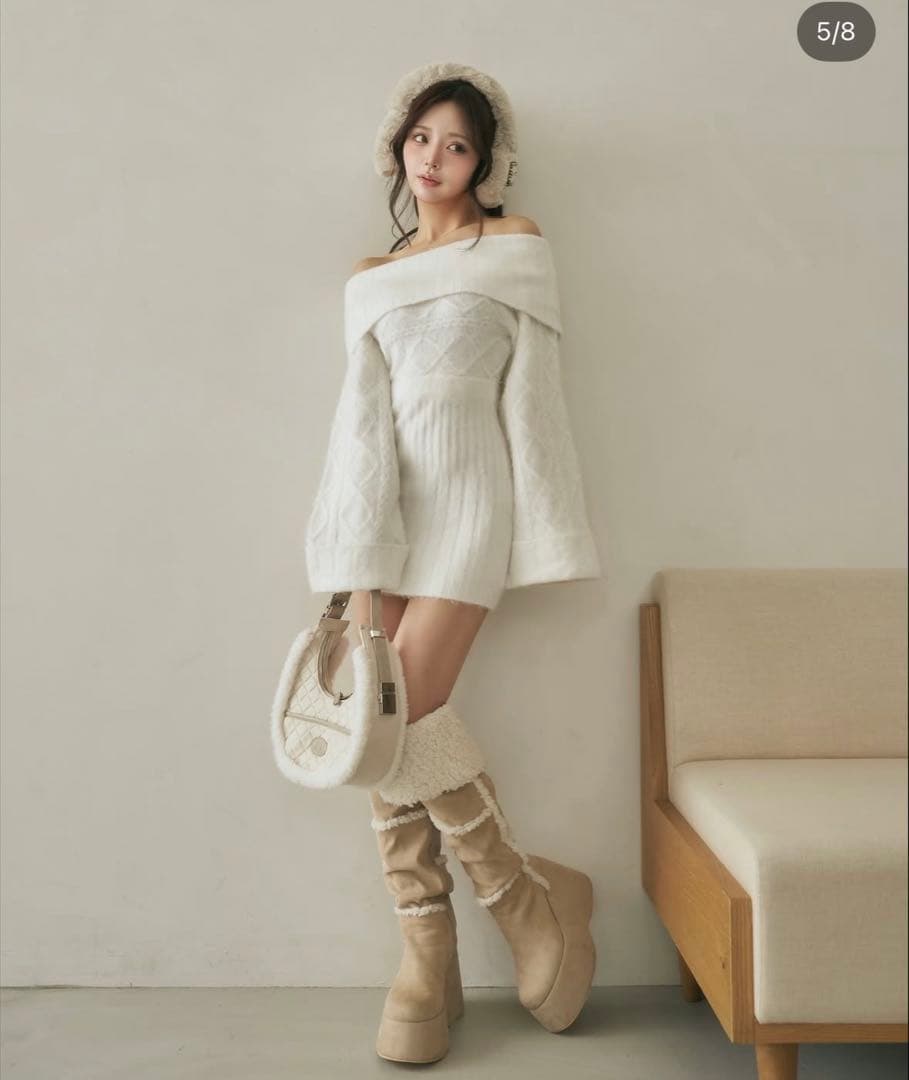 ダーリッチ ヘアリーオフショルニットミニワンピー