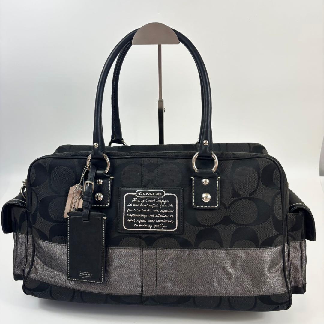 コーチ シグネチャー ストライプ ボストンバッグ　10392 キャンバス　黒