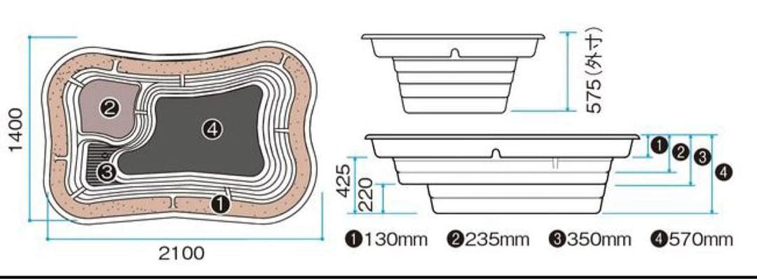 まちゃ　大型　成型池 プラ池 W210×D140×H60(最深)cm