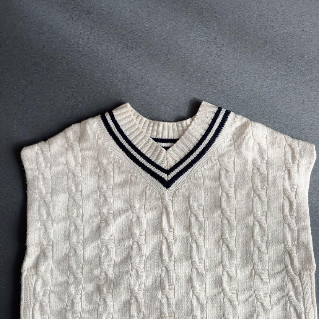TOUJOURS　カシミヤ　ニットベスト　チルデン　ウール　ケーブル　Vネック