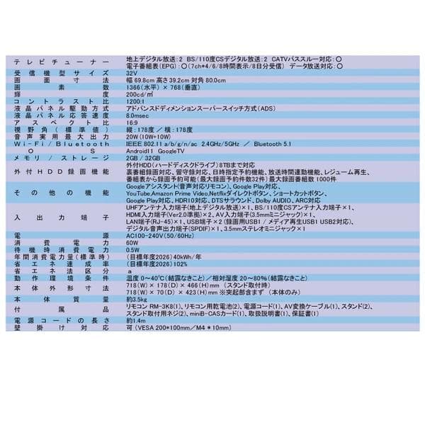Android搭載 32V型BS/110度CS/地上デジタルハイビジョン液晶TV