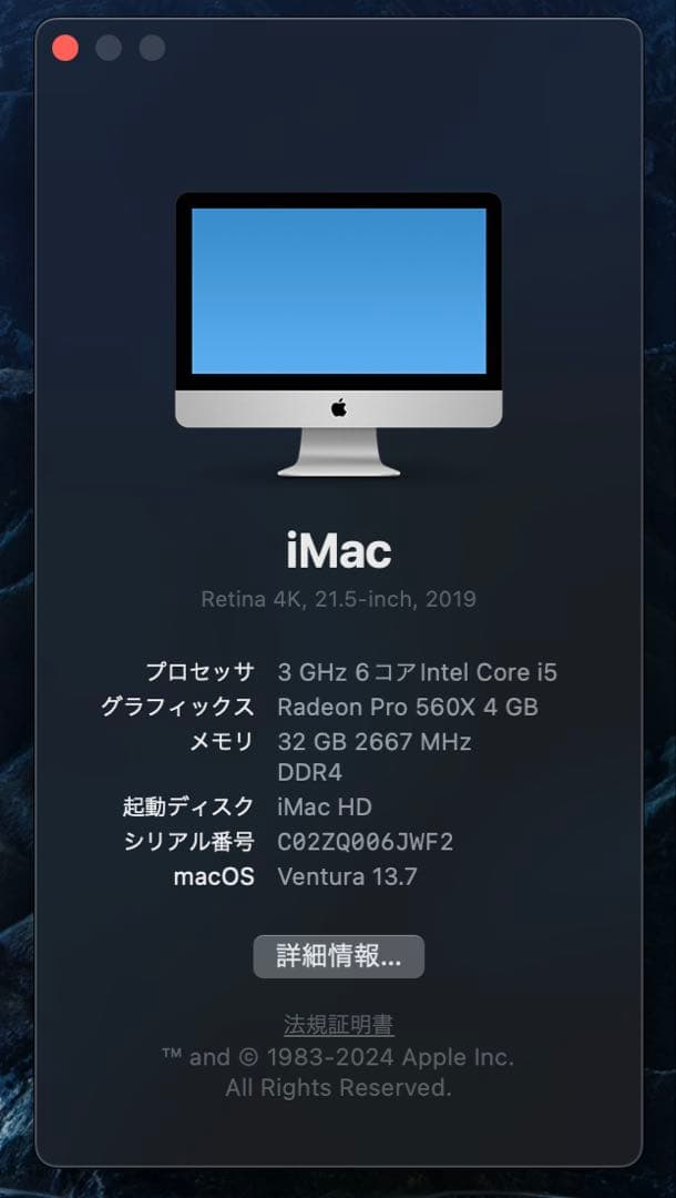 iMac(Retina 4K,21.5inch,2019)256SSD、32GB