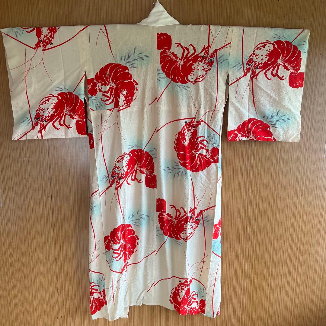 5903◆アンティーク長襦袢単衣赤伊勢海老大胆でポップな意匠時代古裂コレクターズ