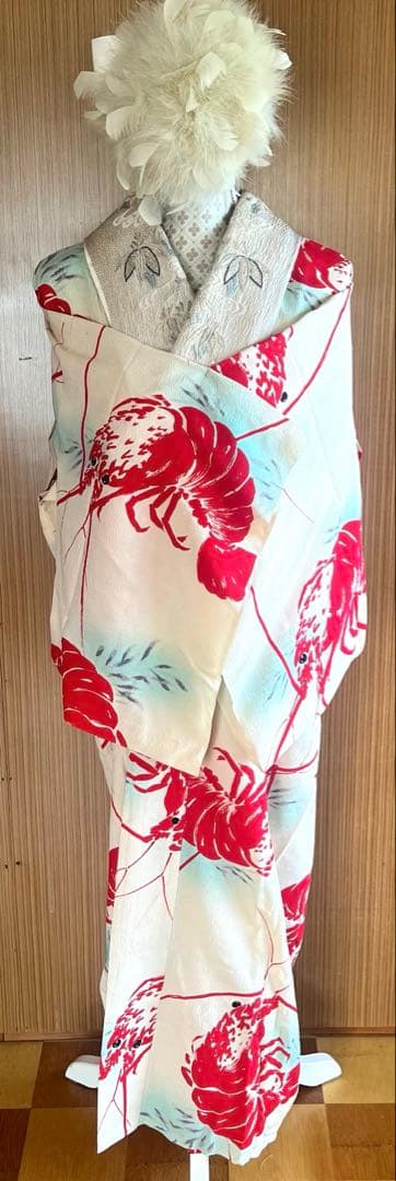 5903◆アンティーク長襦袢単衣赤伊勢海老大胆でポップな意匠時代古裂コレクターズ