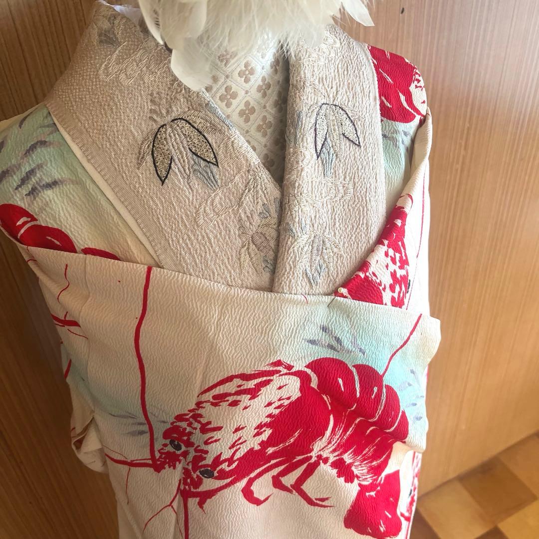 5903◆アンティーク長襦袢単衣赤伊勢海老大胆でポップな意匠時代古裂コレクターズ