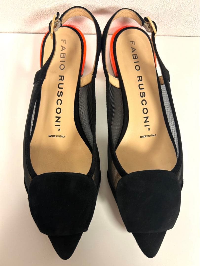 FABIO RUSCONI ネオンオレンジ　バックストラップスエードパンプス