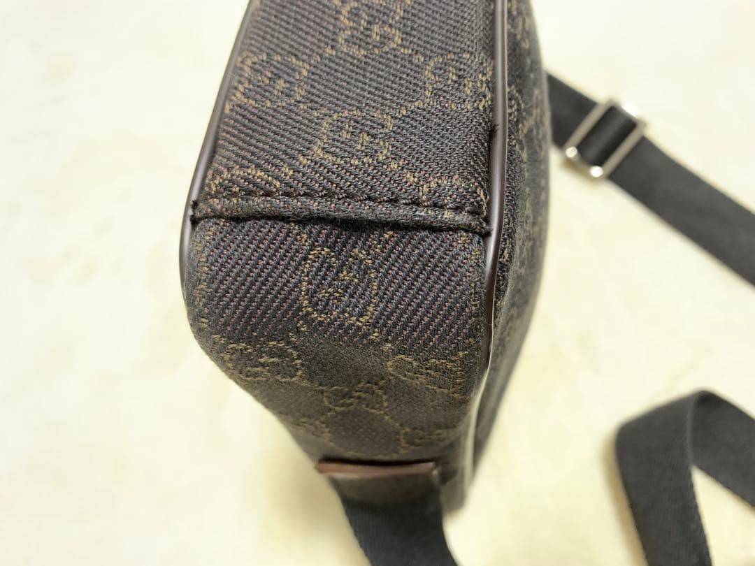 美品★グッチ ショルダーバッグ GGキャンバス×レザー ダークブラウン