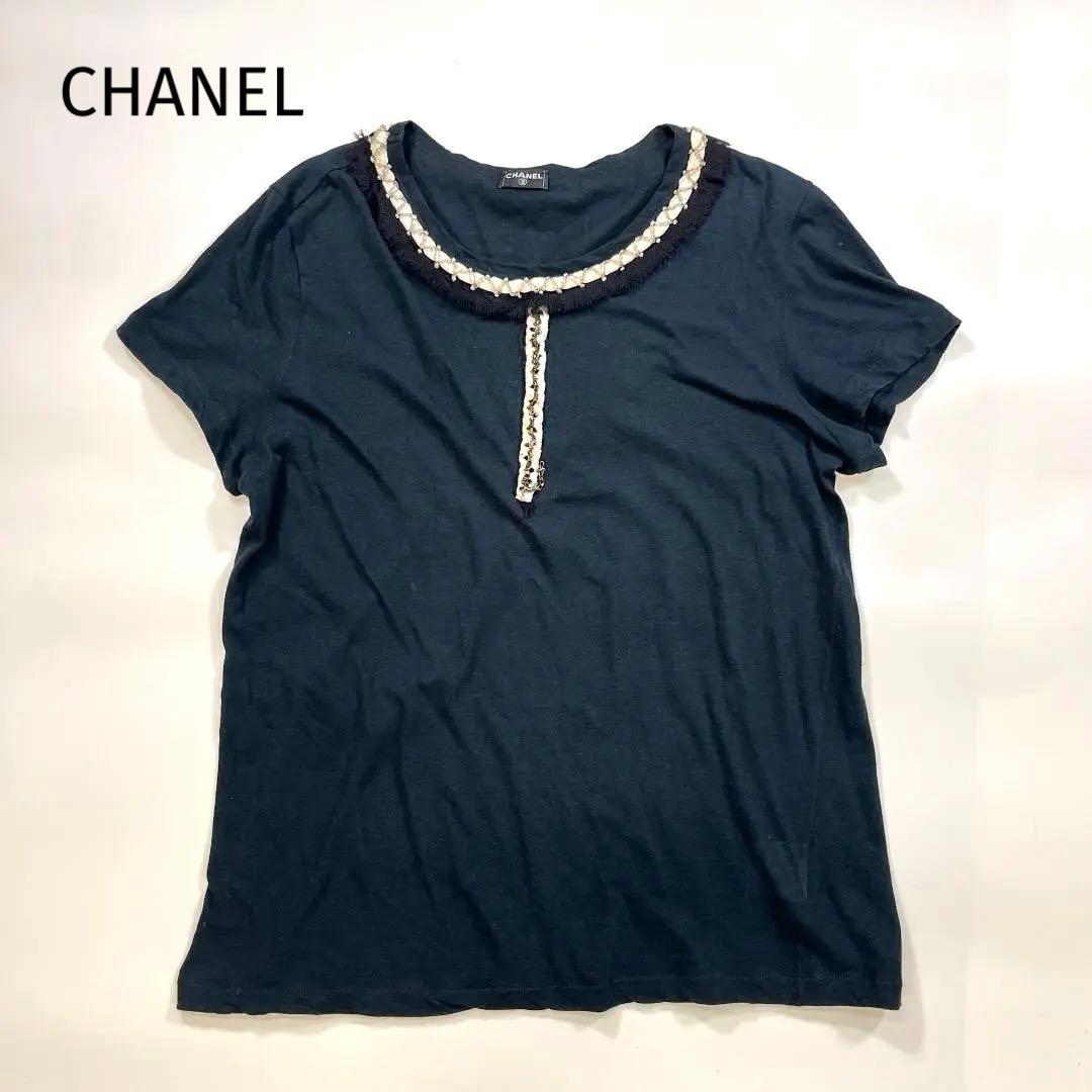 CHANEL 半袖 カットソー チェーン装飾 Ｔシャツ 黒 シャネル