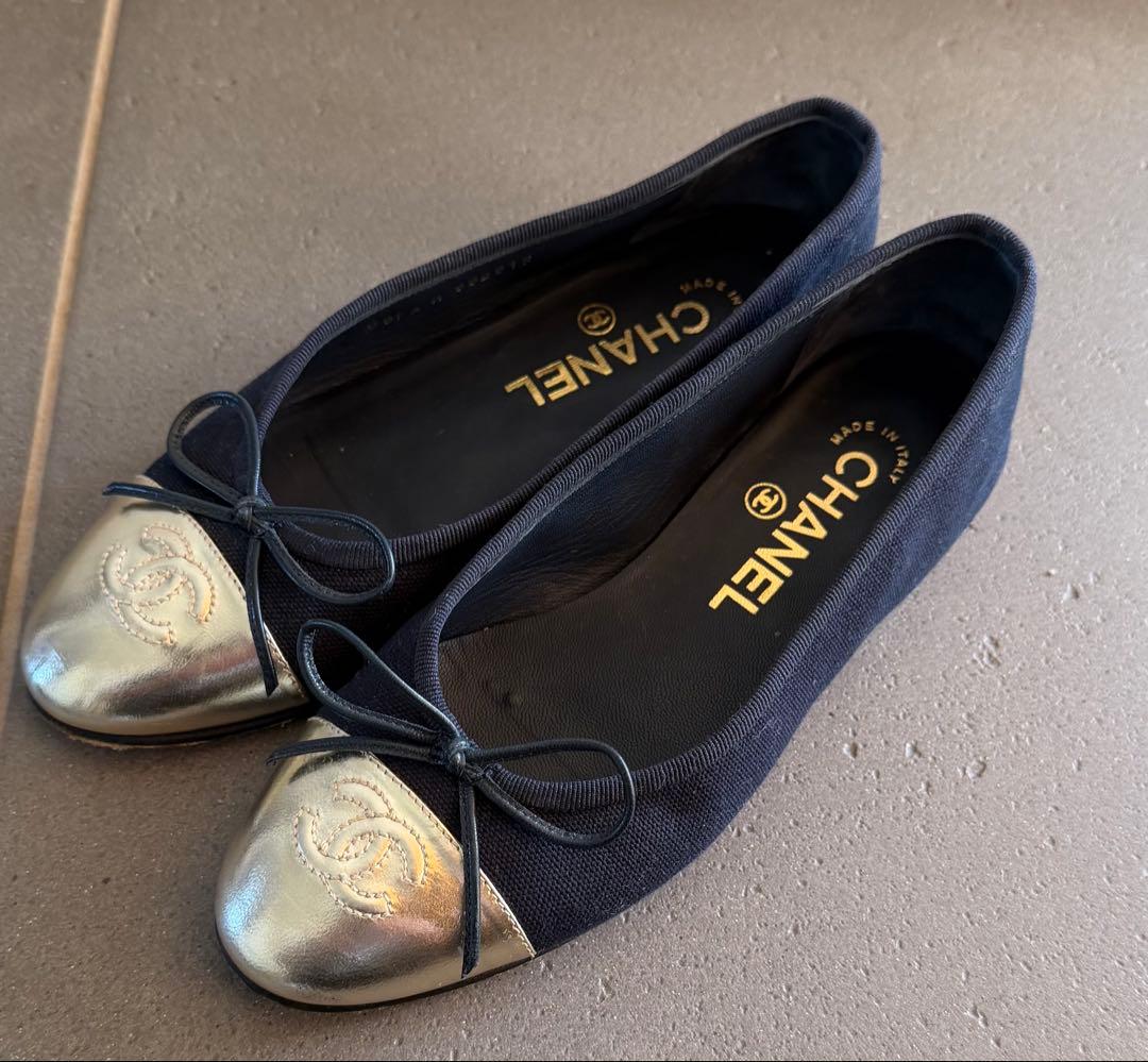 CHANEL ネイビー バレリーナ フラットシューズ 34
