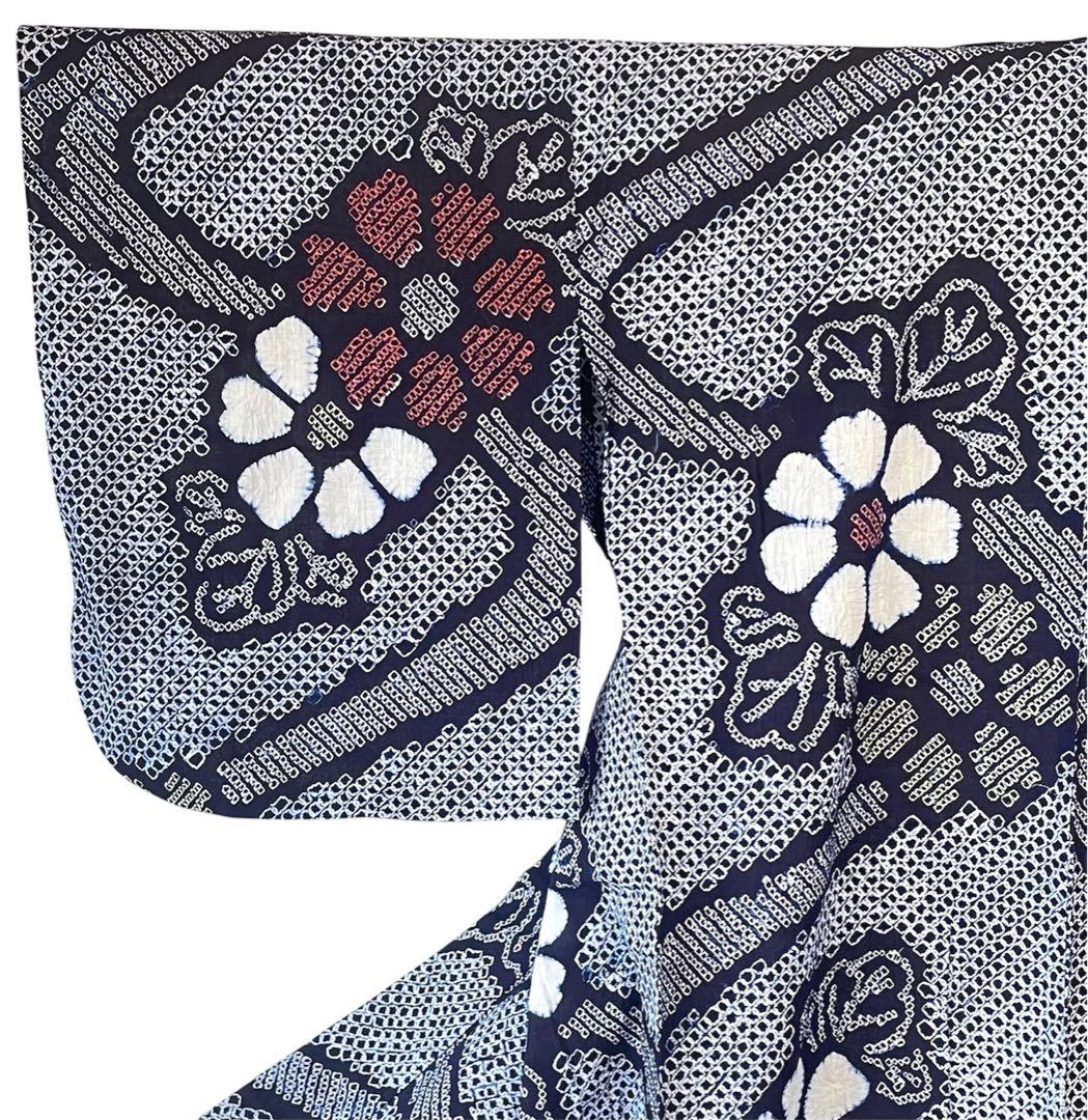 □夏涼浴衣　有松総絞り　花柄　藍色　身丈約160cm