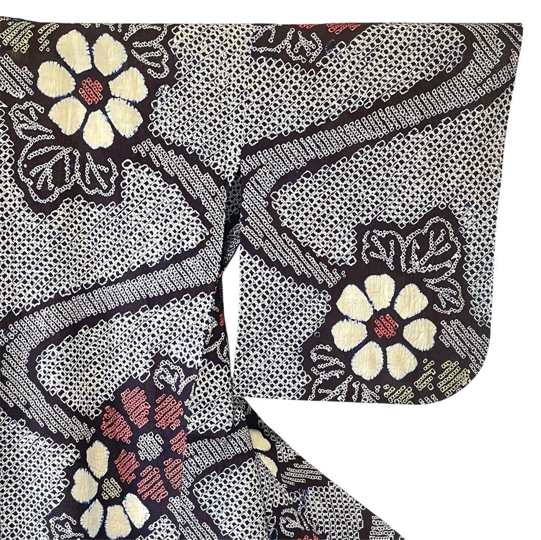 □夏涼浴衣　有松総絞り　花柄　藍色　身丈約160cm